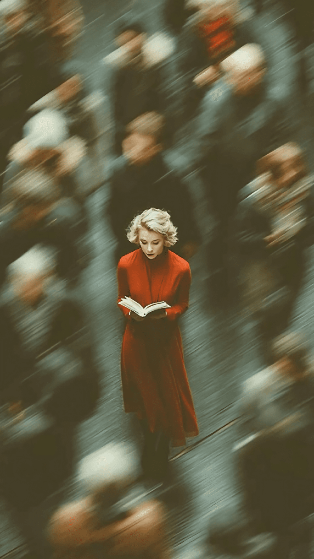 Mulher em foco com todos outros da imagem em movimento desfoca